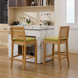 English Elm Full Solid Wood Bar Stools Set of 2 with Rattan Back and Linen Cushion for Kitchen Island W1143P610924
