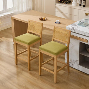 English Elm Full Solid Wood Bar Stools Set of 2 with Rattan Back and Linen Cushion for Kitchen Island W1143P610924