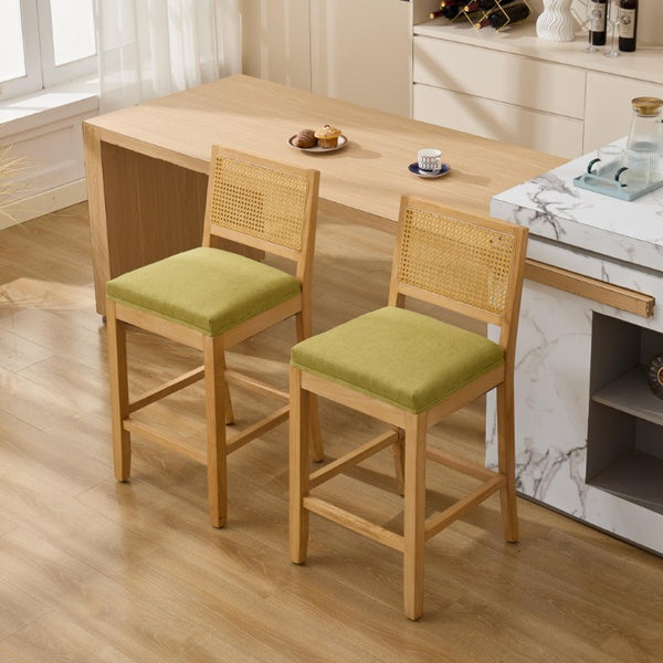 English Elm Full Solid Wood Bar Stools Set of 2 with Rattan Back and Linen Cushion for Kitchen Island W1143P610924