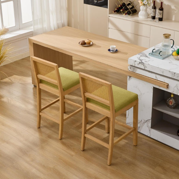 English Elm Full Solid Wood Bar Stools Set of 2 with Rattan Back and Linen Cushion for Kitchen Island W1143P610924