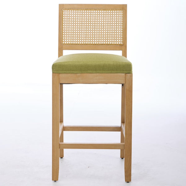 English Elm Full Solid Wood Bar Stools Set of 2 with Rattan Back and Linen Cushion for Kitchen Island W1143P610924