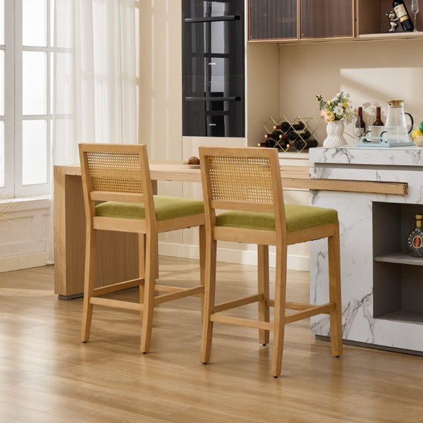 English Elm Full Solid Wood Bar Stools Set of 2 with Rattan Back and Linen Cushion for Kitchen Island W1143P610924