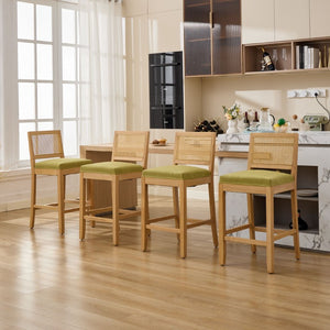 English Elm Full Solid Wood Bar Stools Set of 2 with Rattan Back and Linen Cushion for Kitchen Island W1143P610924