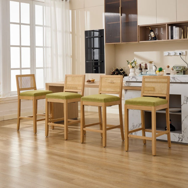 English Elm Full Solid Wood Bar Stools Set of 2 with Rattan Back and Linen Cushion for Kitchen Island W1143P610924