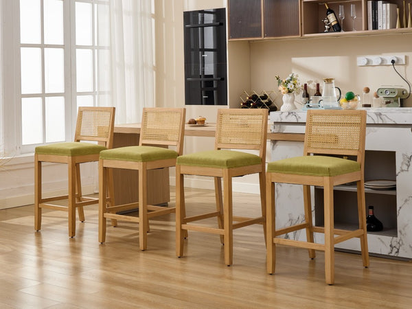English Elm Full Solid Wood Bar Stools Set of 2 with Rattan Back and Linen Cushion for Kitchen Island W1143P610924