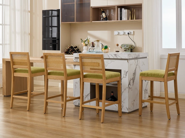 English Elm Full Solid Wood Bar Stools Set of 2 with Rattan Back and Linen Cushion for Kitchen Island W1143P610924