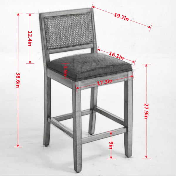 English Elm Full Solid Wood Bar Stools Set of 2 with Rattan Back and Linen Cushion for Kitchen Island W1143P610924