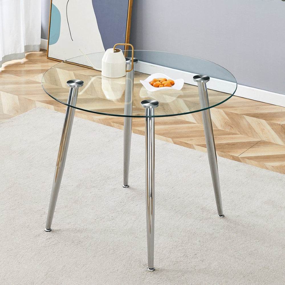 English Elm Round Glass Top Dining Table with Polished Silver Legs Seats Four in Modern Style W1151P205875