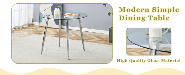 English Elm Round Glass Top Dining Table with Polished Silver Legs Seats Four in Modern Style W1151P205875
