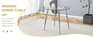 English Elm Round Glass Top Dining Table with Polished Silver Legs Seats Four in Modern Style W1151P205875