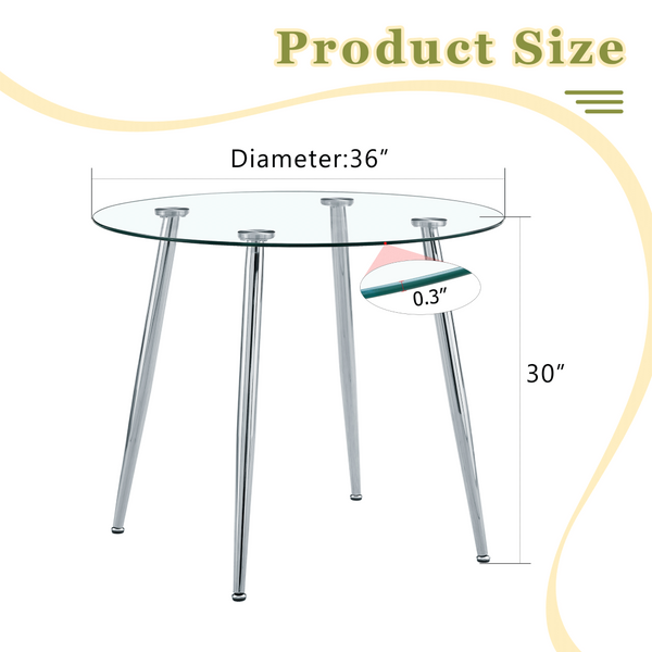 English Elm Round Glass Top Dining Table with Polished Silver Legs Seats Four in Modern Style W1151P205875