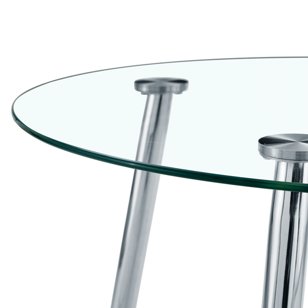 English Elm Round Glass Top Dining Table with Polished Silver Legs Seats Four in Modern Style W1151P205875