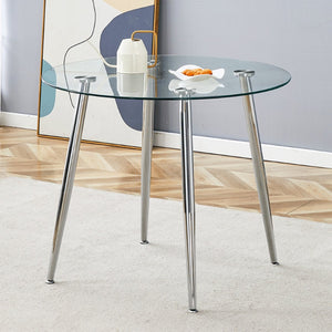 English Elm Round Glass Top Dining Table with Polished Silver Legs Seats Four in Modern Style W1151P205875