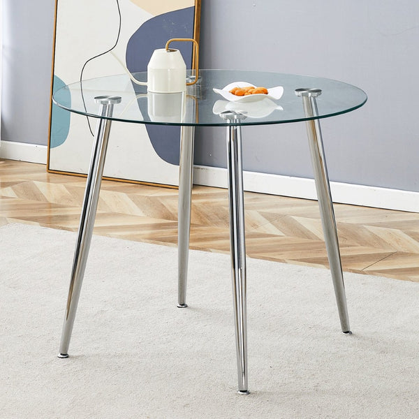 English Elm Round Glass Top Dining Table with Polished Silver Legs Seats Four in Modern Style W1151P205875