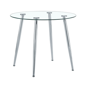English Elm Round Glass Top Dining Table with Polished Silver Legs Seats Four in Modern Style W1151P205875