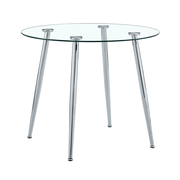 English Elm Round Glass Top Dining Table with Polished Silver Legs Seats Four in Modern Style W1151P205875