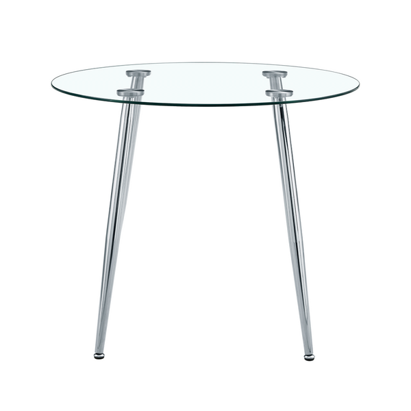 English Elm Round Glass Top Dining Table with Polished Silver Legs Seats Four in Modern Style W1151P205875