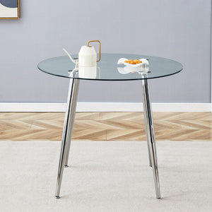 English Elm Round Glass Top Dining Table with Polished Silver Legs Seats Four in Modern Style W1151P205875