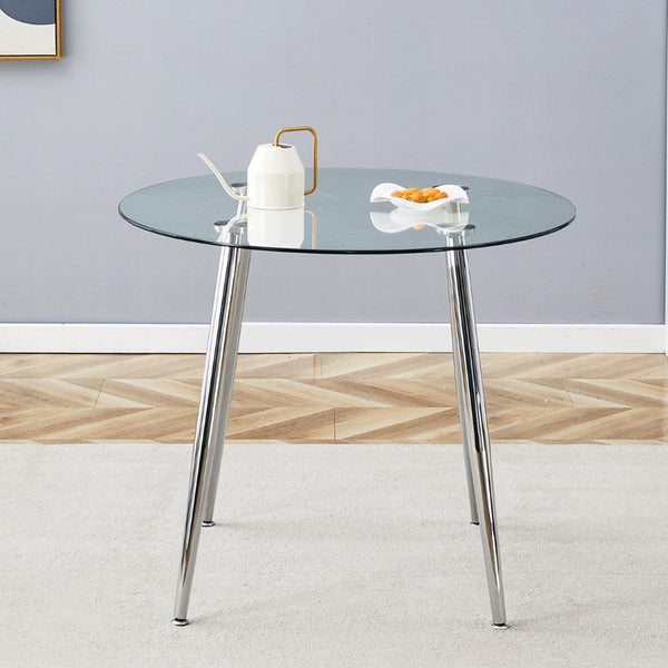 English Elm Round Glass Top Dining Table with Polished Silver Legs Seats Four in Modern Style W1151P205875