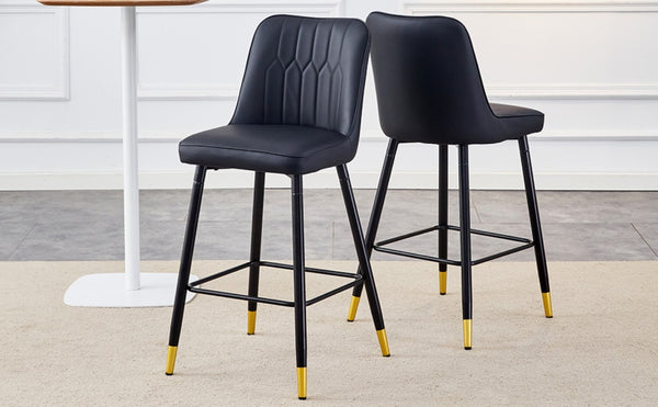 English Elm Modern Black PU Leather Bar Stools Set of 2 with Gold Accent Ring and Footrest W1151P210453