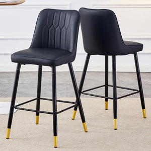English Elm Modern Black PU Leather Bar Stools Set of 2 with Gold Accent Ring and Footrest W1151P210453