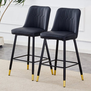 English Elm Modern Black PU Leather Bar Stools Set of 2 with Gold Accent Ring and Footrest W1151P210453