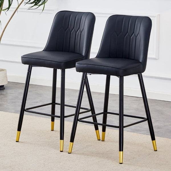 English Elm Modern Black PU Leather Bar Stools Set of 2 with Gold Accent Ring and Footrest W1151P210453