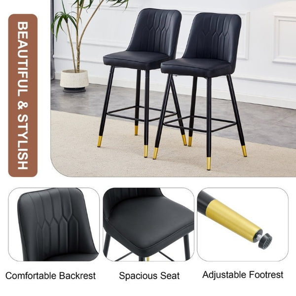 English Elm Modern Black PU Leather Bar Stools Set of 2 with Gold Accent Ring and Footrest W1151P210453