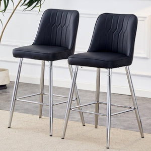 English Elm Modern Black Faux Leather Bar Stools Set of 2 with Silver Metal Legs and Footrest W1151P211979