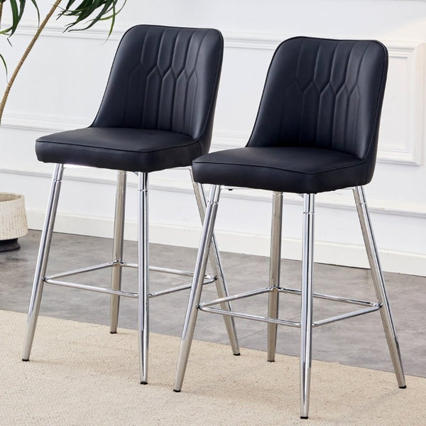 English Elm Modern Black Faux Leather Bar Stools Set of 2 with Silver Metal Legs and Footrest W1151P211979