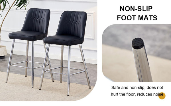 English Elm Modern Black Faux Leather Bar Stools Set of 2 with Silver Metal Legs and Footrest W1151P211979