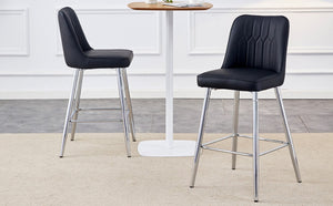 English Elm Modern Black Faux Leather Bar Stools Set of 2 with Silver Metal Legs and Footrest W1151P211979