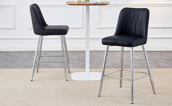 English Elm Modern Black Faux Leather Bar Stools Set of 2 with Silver Metal Legs and Footrest W1151P211979