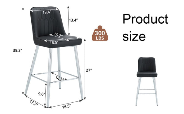 English Elm Modern Black Faux Leather Bar Stools Set of 2 with Silver Metal Legs and Footrest W1151P211979