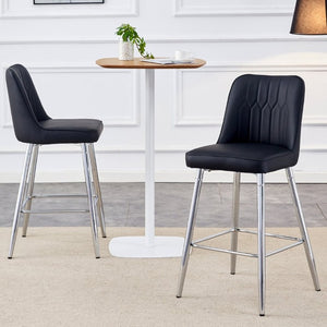 English Elm Modern Black Faux Leather Bar Stools Set of 2 with Silver Metal Legs and Footrest W1151P211979