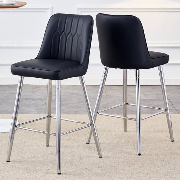 English Elm Modern Black Faux Leather Bar Stools Set of 2 with Silver Metal Legs and Footrest W1151P211979