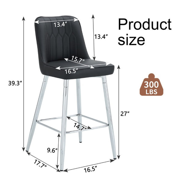 English Elm Modern Black Faux Leather Bar Stools Set of 2 with Silver Metal Legs and Footrest W1151P211979