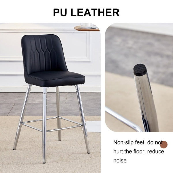 English Elm Modern Black Faux Leather Bar Stools Set of 2 with Silver Metal Legs and Footrest W1151P211979