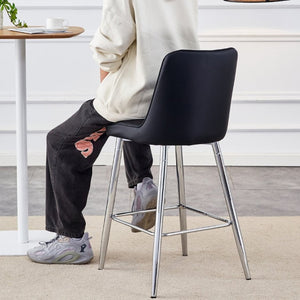 English Elm Modern Black Faux Leather Bar Stools Set of 2 with Silver Metal Legs and Footrest W1151P211979