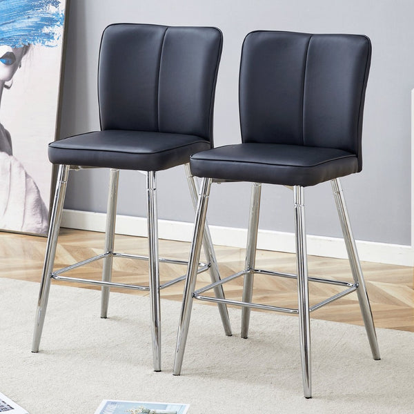 English Elm Modern Pu Leather Channel Back Barstools Set of Two for Kitchen Island or Home Bar Black+Silver W1151P212008