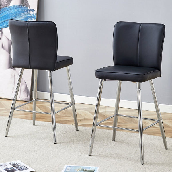 English Elm Modern Pu Leather Channel Back Barstools Set of Two for Kitchen Island or Home Bar Black+Silver W1151P212008