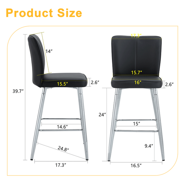 English Elm Modern Pu Leather Channel Back Barstools Set of Two for Kitchen Island or Home Bar Black+Silver W1151P212008