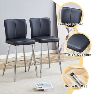 English Elm Modern Pu Leather Channel Back Barstools Set of Two for Kitchen Island or Home Bar Black+Silver W1151P212008