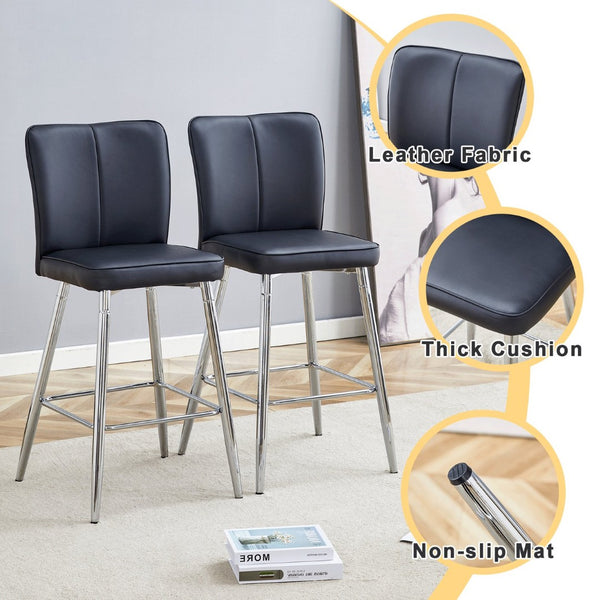 English Elm Modern Pu Leather Channel Back Barstools Set of Two for Kitchen Island or Home Bar Black+Silver W1151P212008