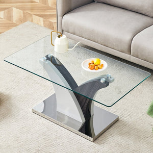 English Elm Rectangular Glass Top Coffee Table with Sculptural Two-tone Mdf Legs for Living Rooms W1151P216454