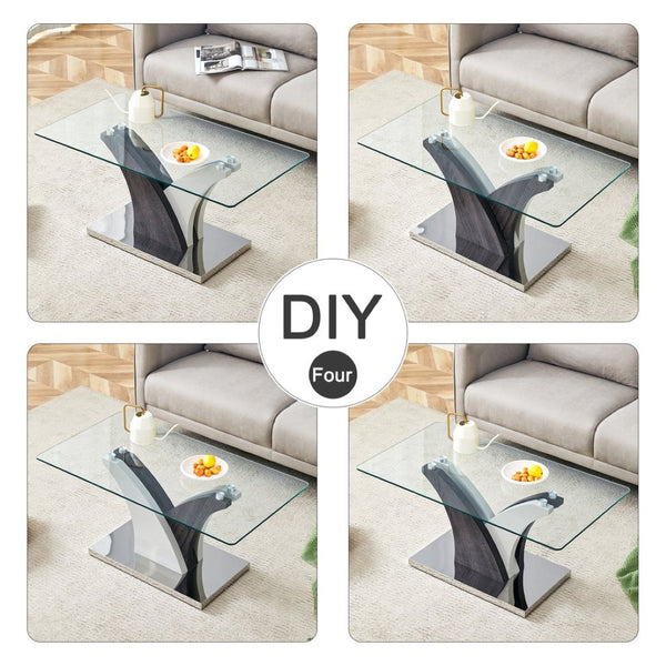 English Elm Rectangular Glass Top Coffee Table with Sculptural Two-tone Mdf Legs for Living Rooms W1151P216454