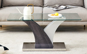 English Elm Rectangular Glass Top Coffee Table with Sculptural Two-tone Mdf Legs for Living Rooms W1151P216454