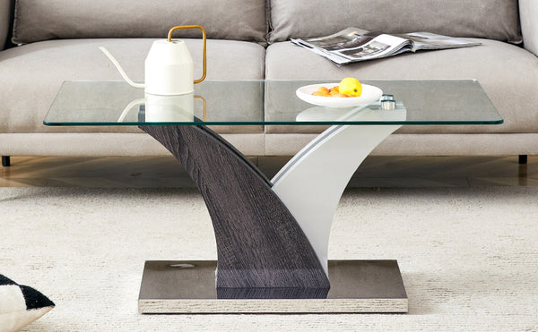 English Elm Rectangular Glass Top Coffee Table with Sculptural Two-tone Mdf Legs for Living Rooms W1151P216454