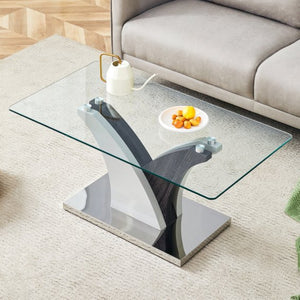 English Elm Rectangular Glass Top Coffee Table with Sculptural Two-tone Mdf Legs for Living Rooms W1151P216454