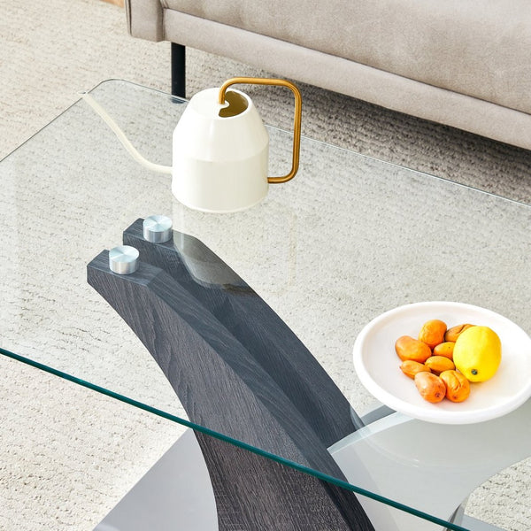 English Elm Rectangular Glass Top Coffee Table with Sculptural Two-tone Mdf Legs for Living Rooms W1151P216454